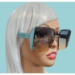 Sunglasses Women Green Rimless Large Beach Shades with Glittered Sides